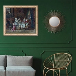 «День рождения дедушки» в интерьере классической гостиной с зеленой стеной над диваном