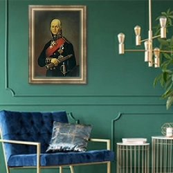 «Адмирал Федор Федорович Ушаков. 1912» в интерьере гостиной в оливковых тонах