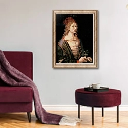 «Self Portrait with a Thistle, 1493» в интерьере гостиной в бордовых тонах