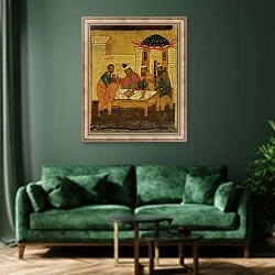 «Icon depicting the Adoration of the Maji, c.1550» в интерьере зеленой гостиной над диваном