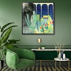 «In the Majorelle Gardens» в интерьере классической гостиной с зеленой стеной над диваном