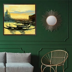 «Пейзаж с гондолами, Венеция» в интерьере классической гостиной с зеленой стеной над диваном