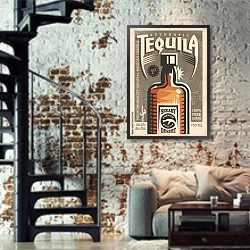 «Текила, рекламный ретро-плакат» в интерьере двухярусной гостиной в стиле лофт с кирпичной стеной