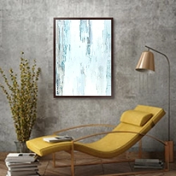 «Белая абстракция с серыми пятнами» в интерьере в стиле лофт с желтым креслом