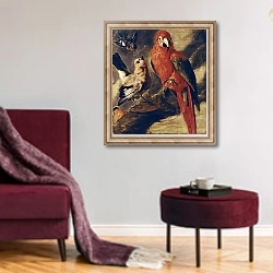 «Macaw and Bullfinch» в интерьере гостиной в бордовых тонах