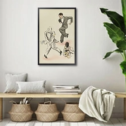 «Deux hommes , dont un esquissé, dansent le charleston» в интерьере комнаты в стиле ретро с плетеными корзинами