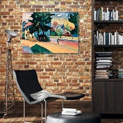 «Вид Мурнау» в интерьере кабинета в стиле лофт с кирпичными стенами