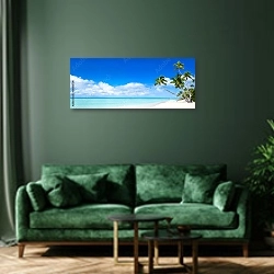 «Панорама с морем, солнцем, пляжем и пальмами» в интерьере стильной зеленой гостиной над диваном