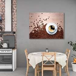 «Чашка кофе с кофейными зёрнами на деревянном столе» в интерьере кухни над обеденным столом