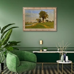 «Old Elm at Medfield, 1860» в интерьере гостиной в зеленых тонах