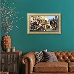 «Светочи христианства (Факелы Нерона). 1882» в интерьере гостиной с зеленой стеной над диваном