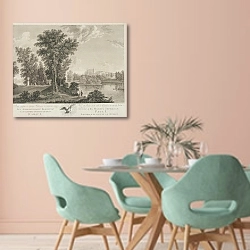 «Вид дворца в Гатчине со стороны сада» в интерьере современной столовой в пастельных тонах