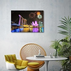 «Фейерверки над Сингапуром» в интерьере современной гостиной с желтым креслом