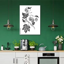 «Веточка хмеля с листьями и шишками» в интерьере кухни с зелеными стенами