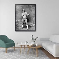 «История в черно-белых фото 453» в интерьере гостиной в скандинавском стиле с зеленым креслом