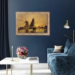 «In Holland, Boats near a Windmill, 1868» в интерьере в классическом стиле в синих тонах