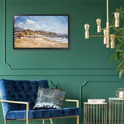 «Beach and Mountains, Nerja, 2001» в интерьере зеленой гостиной над диваном