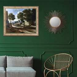«Пейзаж с отдыхающими путешественники» в интерьере классической гостиной с зеленой стеной над диваном