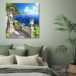«Итальянский средиземноморский пейзаж №3» в интерьере современной спальни в зеленых тонах