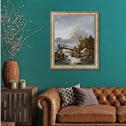 «Зимний вид 2» в интерьере гостиной с зеленой стеной над диваном