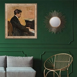 «Portrait of Józef Hofmann at the piano» в интерьере классической гостиной с зеленой стеной над диваном