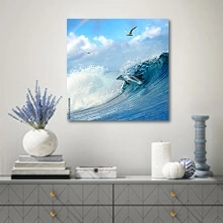 «Дельфин и волна» в интерьере современной гостиной с голубыми деталями