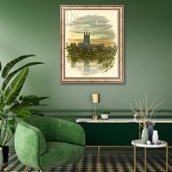 «Gloucester Cathedral, North West» в интерьере гостиной в зеленых тонах