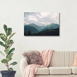 «Горы, покрытые лесом» в интерьере современной светлой гостиной над диваном