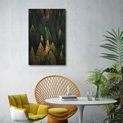 «Осенний таежный лес» в интерьере современной гостиной с желтым креслом