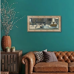 «Апрельское утро. Трафальгарская площадь» в интерьере гостиной с зеленой стеной над диваном