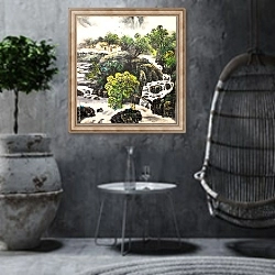 «Китайский пейзаж с водопадами» в интерьере в этническом стиле в серых тонах