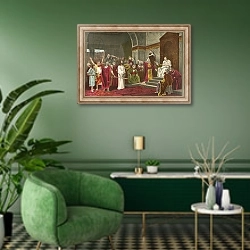 «Christ before Pilate 1» в интерьере гостиной в зеленых тонах