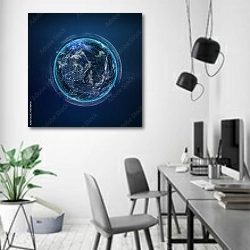 «Глобальная сеть спутниковой технологии земли» в интерьере современного офиса в минималистичном стиле