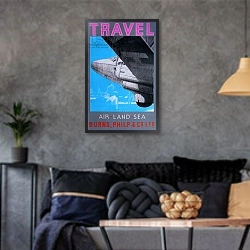 «Travel: Air, Land Sea» в интерьере гостиной в стиле лофт в серых тонах
