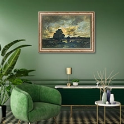 «Штормовой закат» в интерьере гостиной в зеленых тонах