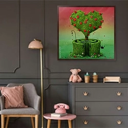 «Цветущиее дерево в форме сердца в лабиринте» в интерьере детской комнаты для девочки в серых тонах