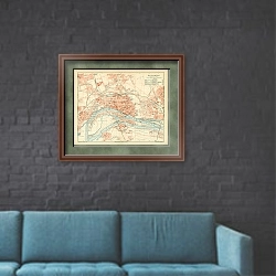 «Карта Магдебурга, конец 19 в. 1» в интерьере в стиле лофт с черной кирпичной стеной