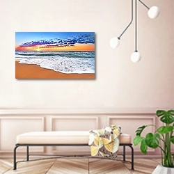 «Красочная сцена с закатом над тропическим пляжем» в интерьере современной прихожей в розовых тонах