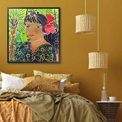 «Lady with Hibiscus» в интерьере в этническом стиле с зеленой стеной
