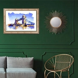 «Тауэрский мост Лондона» в интерьере классической гостиной с зеленой стеной над диваном