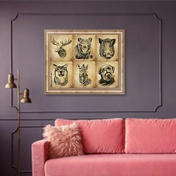 «Портреты животных на старинной бумаге» в интерьере гостиной с розовым диваном