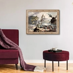 «Battle of Roleia, August 17th, 1808, engraved by Thomas Sutherland» в интерьере гостиной в бордовых тонах