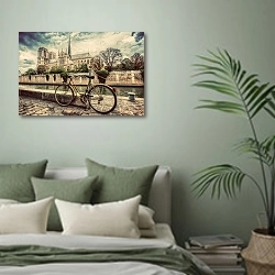 «Париж, Франция. Велосипед напротив Нотр-Дам-де-Пари» в интерьере современной спальни в зеленых тонах