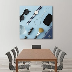 «Содержимое женской сумочки на голубом» в интерьере конференц-зала над столом для переговоров
