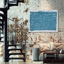 «Синяя кирпичная стена» в интерьере двухярусной гостиной в стиле лофт с кирпичной стеной