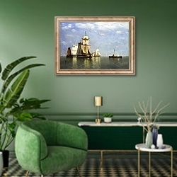 «Корабли на стоянке» в интерьере гостиной в зеленых тонах
