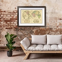 «Карта мира в виде полушарий, 1835 г.» в интерьере гостиной в стиле лофт над диваном