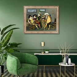 «Cavaliers in a tavern» в интерьере гостиной в зеленых тонах