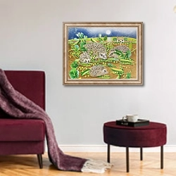 «Hedgehogs with Peas beside a Poppy field at night, 1994» в интерьере гостиной в бордовых тонах