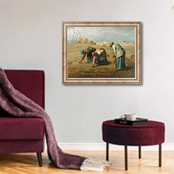 «The Gleaners, 1857» в интерьере гостиной в бордовых тонах
